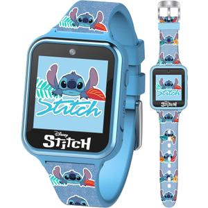 Disney Stitch Kids Smart Watch with 10 Customizable Faces, Camera, Voice Recorder, Calculator, and Step Counter – Touchscreen Interactive Watch for Kids – Blue Silicone Strap