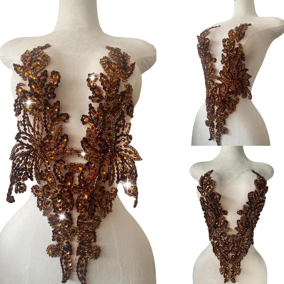 Zbroh Pure Handsewing Rhinestones Applique Multicolor Patch DIY Craft Accessories for Girl Wedding Dress 14X20inches (Brown)