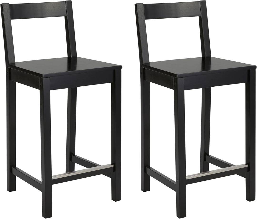 Wooden Bar Stool with Backrest 24", Black, Set of 2