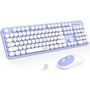 MOFII Wireless Keyboard and Mouse Combo, Computer Full Size 2.4G Plug and Play Wireless Typewriter Retro Round Keyboard and Mouse Set for Windows, Computer, Desktop, PC, Notebook - (Light Purple)