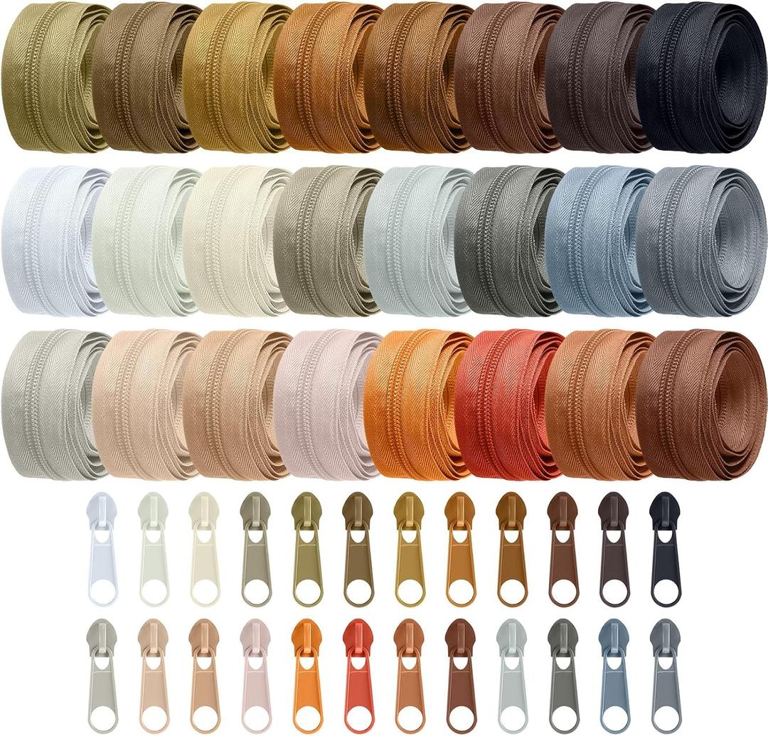 Syhood 24 Colors Zipper Repair Kit, #5 Nylon Coil Sewing Zippers Sewing Supplies Zipper Tape Zippers by The Yard with 96 Pcs Zip Pulls Sliders Purse Hardware for Bags Making(24yard,Brown Series)