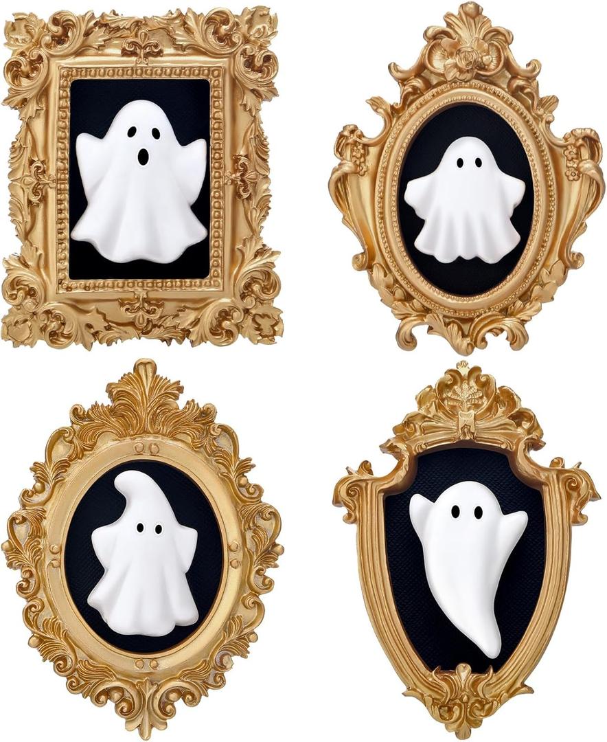 Wesiti 4 Pcs Halloween 3D Ceramic Ghosts with Vintage Resin Framed Mini Cute Sculpture Statue Wall Decoration Small Scary Ghost Figurine Halloween Sculptures for Wall Living Room Bedroom Home Decor