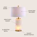 JONATHAN Y 25.5" White/Gold Leaf Alabaster 2-Light Rectangular Table Lamp with Night Light Modern Coastal Bedside Lamp for Bedroom with White Linen Drum Shade LED Bulbs Included JYL6203A