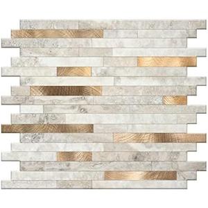 KASARO 6-Sheet Peel and Stick Backsplash Tiles for Kitchen, Marble Beige with Vintage Golden Embellished Stripes, Self-Adhesive Aluminum Wall Tile Stick on Bathroom, Fireplace, RV