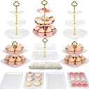 Pack of 10 NWK Cake Stand Set, with 3 x Two-Tier and 3 x Three-Tier Cupcake Stands, 4 x Appetizer Trays, 1 x Tablecloth for Birthday Bridal Baby Shower Party (Gold)