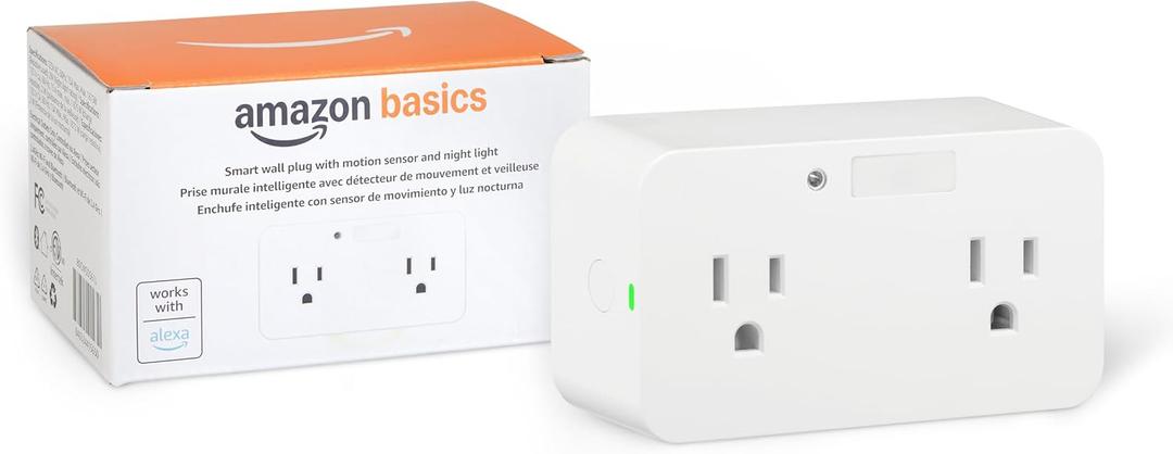 Amazon Basics Dual Smart Plug with Motion Sensor and Night Light, Works with Alexa Only, 2.4 GHz Wi-Fi, No Hub Required, 4.33 x 2.36 x 1.38 in, White