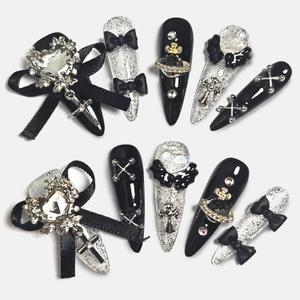 Handmade Press On Nails Stiletto, Black Press On Nails long, Glitter Heart Rhinestone Nails With Bow For Women Gift, Reusable Stick On Fake Nails Kit With Nail Glue (Black Coquette-L)
