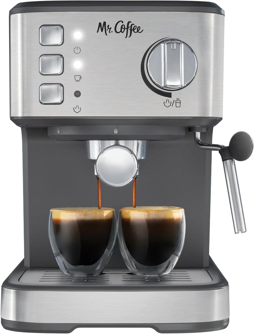 Mr. Coffee Compact Espresso Maker, Espresso Machine With Steam Wand, 15-Bar Pump Automatic Espresso Machine