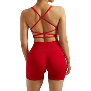 RXRXCOCO Seamless Workout Sets for Women 2 Piece Strappy Sports Bras Scrunch Butt Booty Shorts Matching Yoga Tracksuits (Medium, Red)