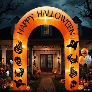 8FT Halloween Inflatable Arch, Equipped with LED Lights, Featuring Ghost, Spirit, Pumpkin, bat and Skull Patterns. Suitable for Halloween Decoration in Both Indoor and Outdoor courtyards or lawns.