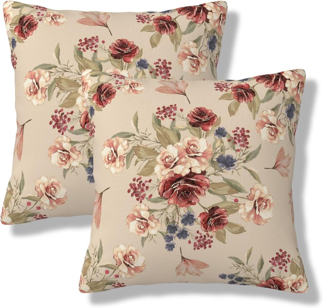 Flowers Leaves Throw Pillow Covers Floral Pattern Pillow Covers 18x18 Inch Set of 2 Vintage Roses Square Pillowcase Decorative Cushion Cases for Home Bedroom Couch Sofa (Red)