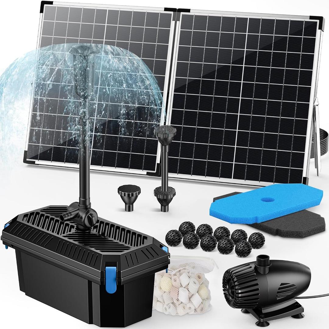POPOSOAP 55W Solar Fountain Pump with Pond Filter Box, Solar Pond Pump 580GPH Adjustable Flow, Pond Filters for Outdoor Ponds Fish Tank Pool Waterfall Koi Pond Water Features