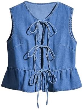 SHENHE Women's Y2k Tie Front Denim Vest V Neck Ruffle Hem Sleeveless Peplum Jean Top Shirt ( M )