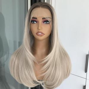 Layered Wig Lace Front Wig Ombre Ash Blonde 13x4 HD Glueless lace Straight Synthetic Lace Wigs with Dark Roots Middle Part Pre Plucked Premium Fiber Hair Lace Wig for Women 22 Inch