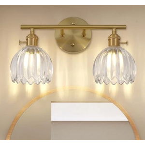 Gold 2 Light Bathroom Vanity Light,14.9in Modern Bathroom Lighting Fixtures Over Mirror with Tulip Crystal Glass Shade,Brass Vintage Vanity Lights for Bathroom Living Room Bedroom（not include bulbs)