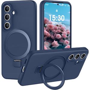 Liquid Silicone Case for Samsung Galaxy S25 with Magnetic Stand, Mil-Grade Drop Shockproof, Full Camera Protection Anti-Scratch Microfiber Lining Silicone Phone case, Dark Blue