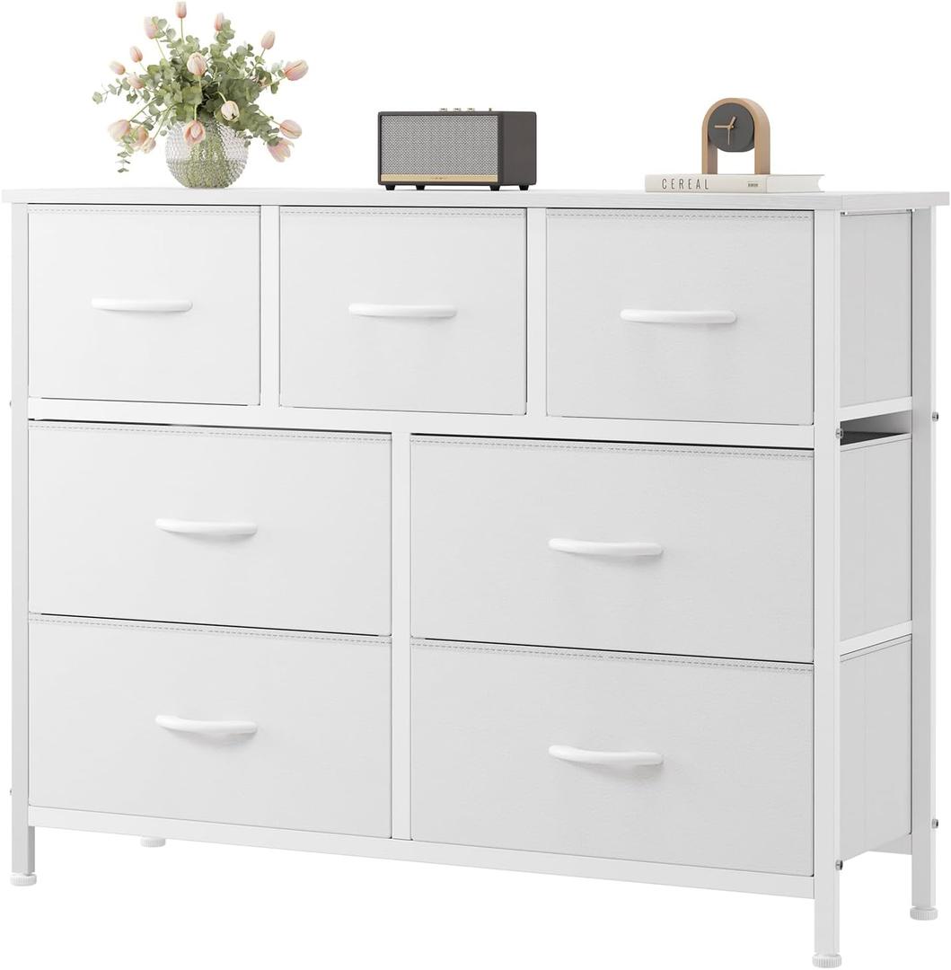 OLIXIS 7 Drawer Closet Organizer Chest, Fabric Storage Tower with Sturdy Steel Frame, Wooden Top & Easy Pull Fabric Bins, Dresser for Bedroom Living Room Entryway Clothes Organization, White, 11.8"D x 39.4"W x 30.1"H