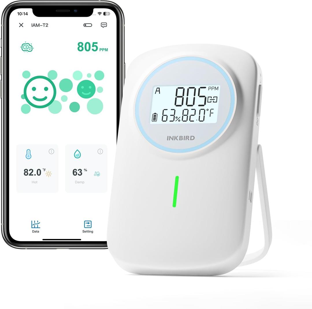 INKBIRD Smart CO2 Monitor Ndir | Bluetooth 3 in 1 CO2 Detector with App | Carbon Dioxide & Temperature & Humidity Air Quality Monitor Indoor Battery Powered | for Home, Office, RV, Grow Tent (IAM-T2)