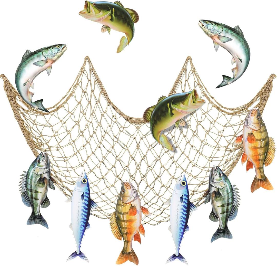 11 Pcs Gone Fishing Party Decorations Kit Fishing Net Cute Cardstock Photo Prop for Birthday Sea Animal Indoor Outdoor Dessert Table Party Supply