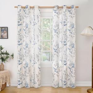 BGment Linen Curtains for Living Room 84 Inch Length 2 Panels Set Floral Leaf Patterns, Light Filtering Privacy Window Curtains for Bedroom Boho Farmhouse Vintage, Each 42 Inch Wide, Navy