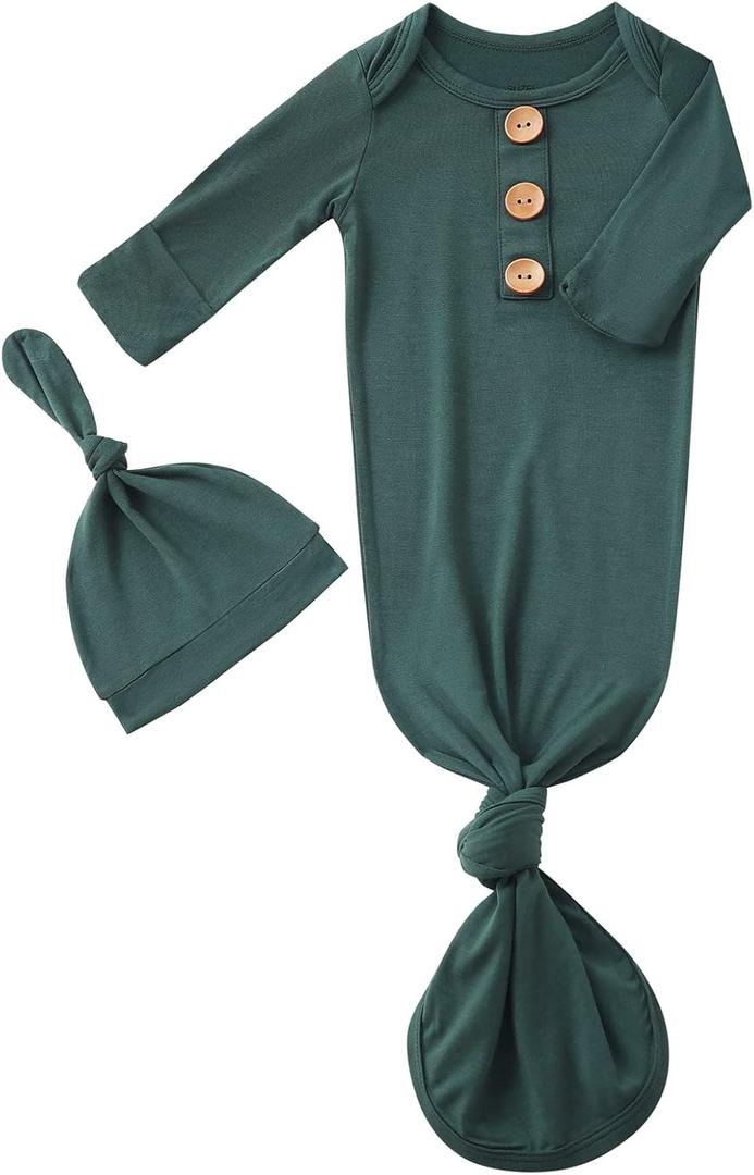Newborn Baby Boys Girls Knotted Gown Hat Set Soft Bamboo Viscose Infant Sleeper Baby Sleep Gown with Mittens (Green, 
0-3 Months	19 - 23	7 - 12lb
)