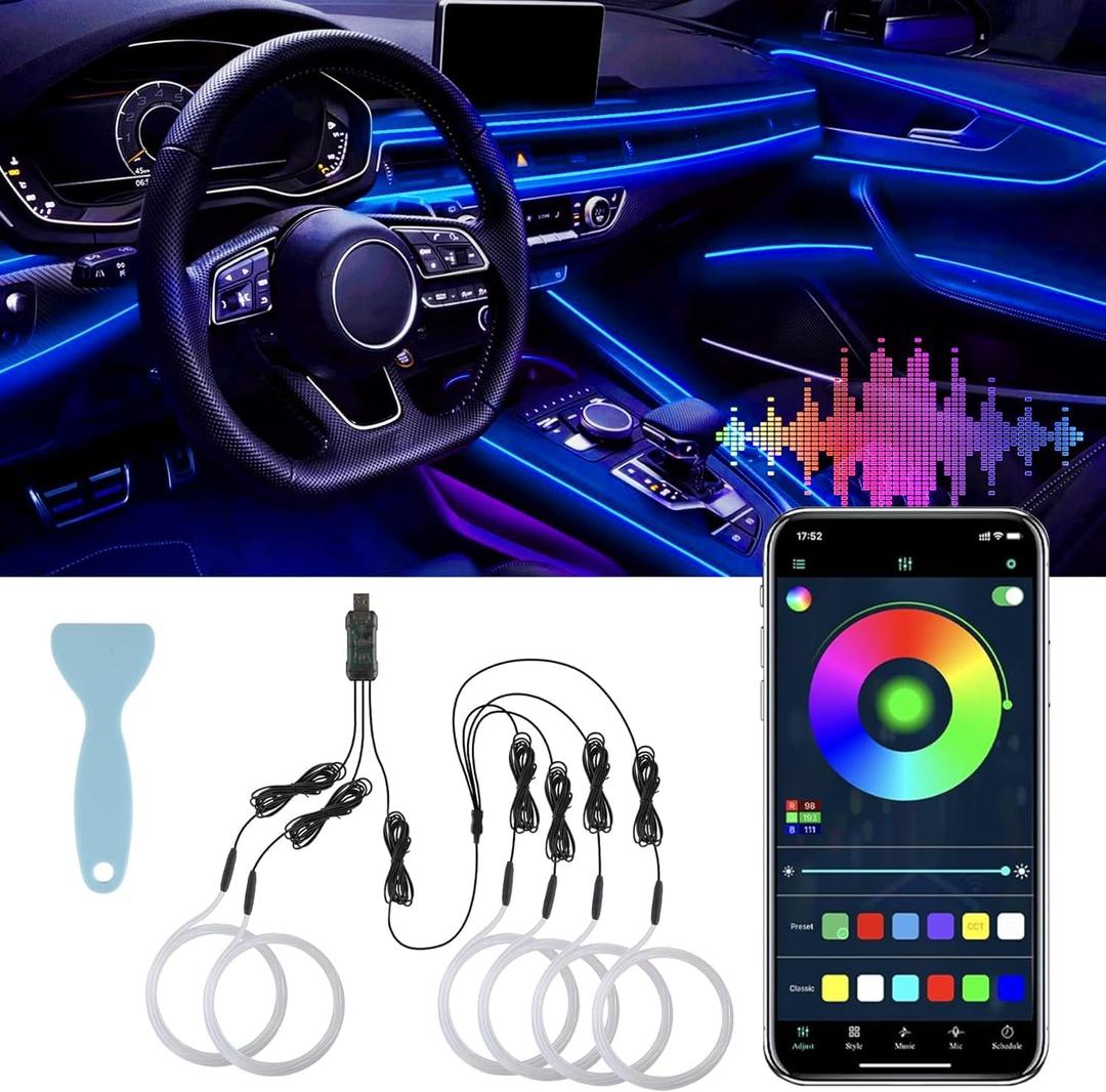 LivTee Smart LED Car Lights Interior with USB Port, LED Strip Fiber Optic Ambient Lighting Car, Wireless App Control, Sync to Music, Car Decorations Interior Accessories Gifts for Women Men, 6 in 1- App Control