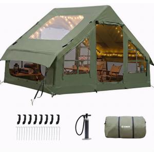 Inflatable Tents for Camping - Blow Up Tent with Stove Jack and Pump, Hot Cabin Tent House Easy Setup 4 Season Waterproof Oxford Glamping Air Tents for Adult 2/3/4 Person