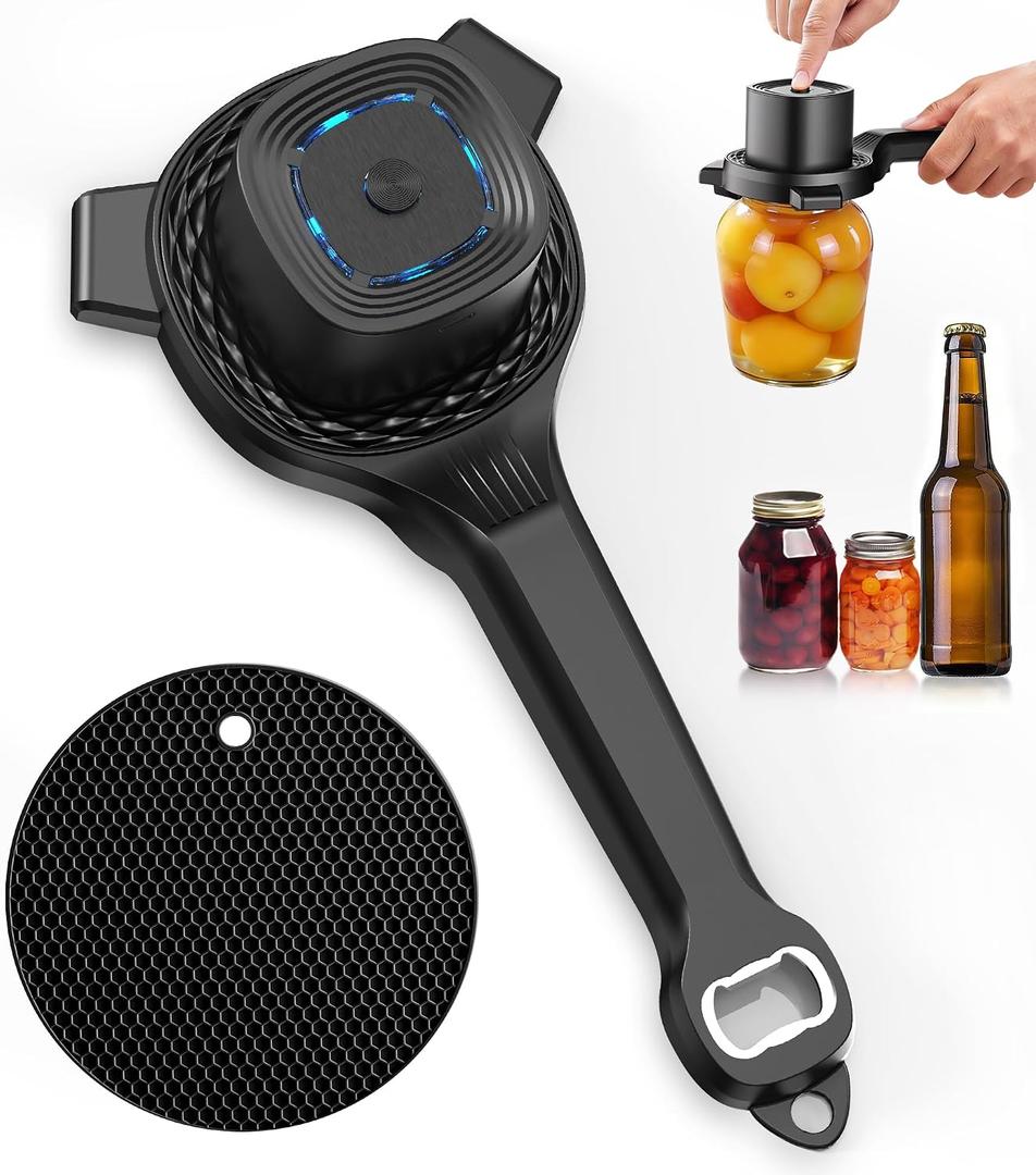 Electric Jar Opener for Seniors with Power-Clamp Technology, 2-in-1 Patent Automatic Jar & Bottle Opener, Rechargeable 800mAh Hands-Free Opener with Bonus Anti-Slip Gripper Pad for Beer, Dressing, Jar