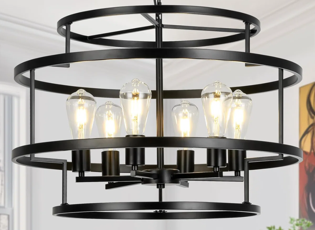 6-Light Black Chandelier, Modern Farmhouse Pendant Light With Geometric Metal Frame, Adjustable Industrial Ceiling Fixture For Dining Room, Living Room, Bedroom, Kitchen Island, Hallway