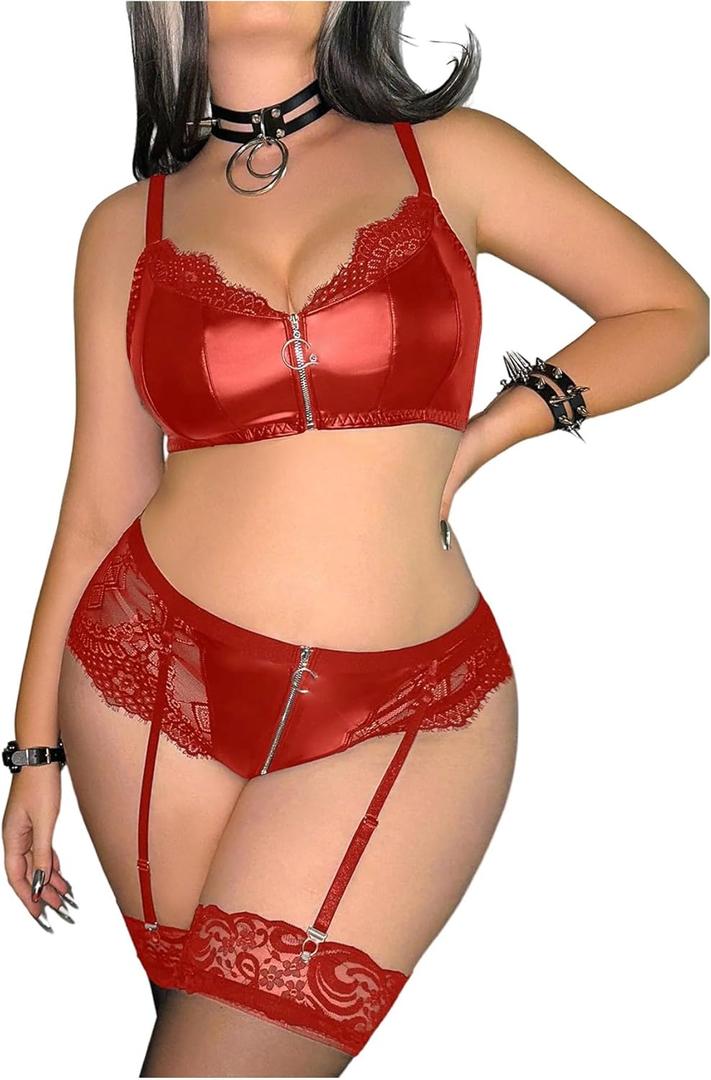 SHENHE Women's Plus Size Garter Lingerie Set Floral Lace 3 Pieces Bra and Panty Sets with Stockings Red 3XLarge Plus