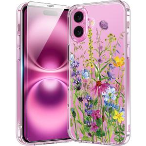 bicol for iPhone 16 Case with Screen Protector, Enhanced Camera Protection, Crystal Acrylic Clear with Fashionable Designs for Girls Women, Slim Fit Protective Phone Cover 6.1" Blooming Flowers