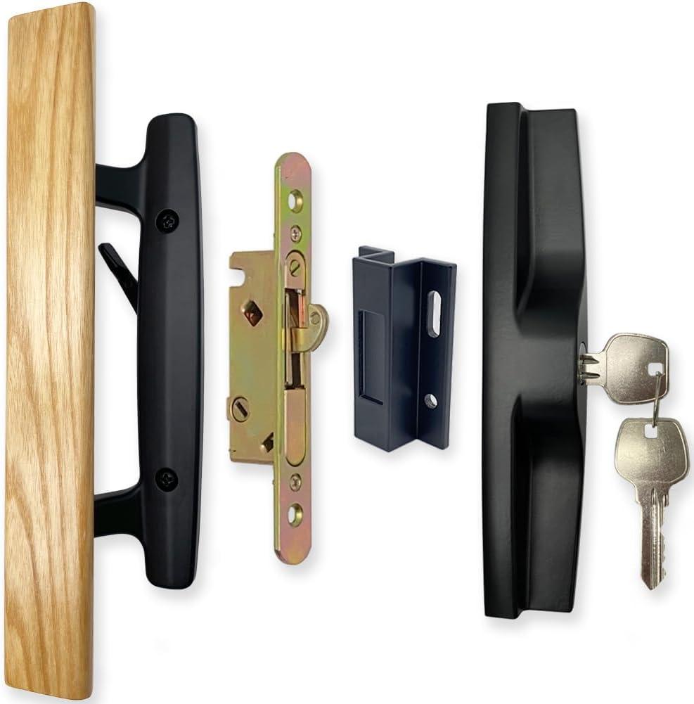 Patio Sliding Patio Door Handle Set with Mortise Lock, Key Cylinder and Keeper, Wood Handle Lock Set Fits Door Thickness from 1-1/2" to 1-3/4", 3-15/16" Screw Hole Spacing, Keyed, Black Patio Sliding Patio Door Handle Set with Mortise Lock, Key Cylinder and Keeper, Wood Handle Lock Set Fits Door Thickness from 1-1/2" to 1-3/4", 3-15/16" Screw Hole Spacing, Keyed, Black
