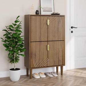 Smuxee Shoe Cabinet with 2 Flip Drawers, 23.6" Walnut Hidden Shoe Storage Cabinet with Line Groove Design, Freestanding Shoe Organizer Cabinet for Entryway, Hallway, Living Room