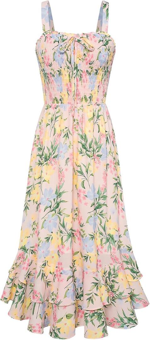 GRACE KARIN Women's 2026 Summer Floral Boho Dress Square Neck Strapped Swing A Line Sundress Beach Long Maxi Outfits, Size: S