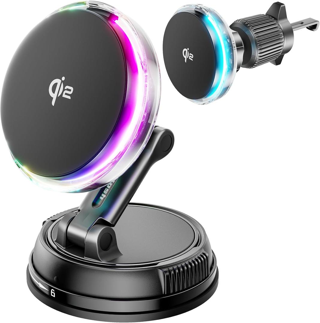 For Qi2 15W MagSafe Car Mount Charger with Cooling Fan, [Rapid Charging Cooler with RGB Lights], 78+LBS Stronger Suction Wireless Magnetic Mount on Vent/ Dash/ Windshield, for iPhone 17 16 15 14 13 12