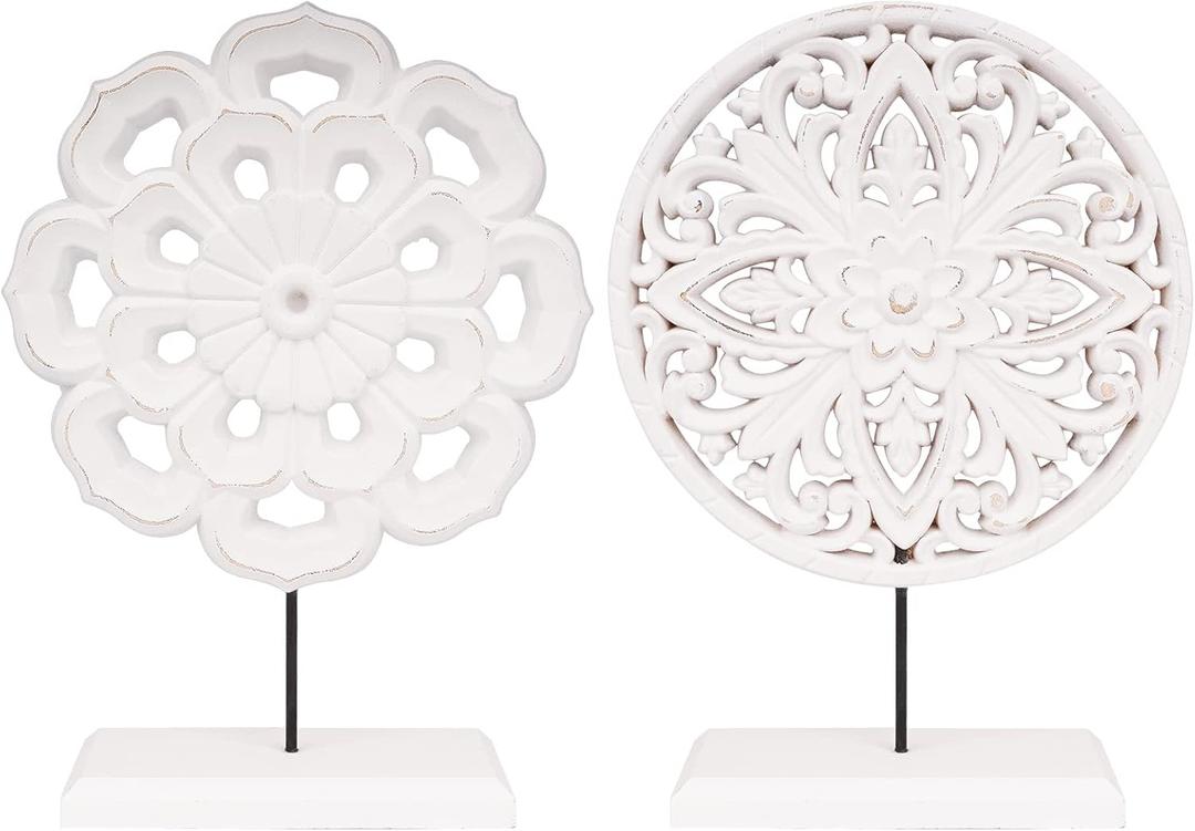 AXEARTE 2 Pack Wooden Carved Cutout Flower Medallion Sculpture, Rustic Distressed White MDF Statues Home Tabletop Decor, Decorative Ornaments for Living Room, Bedroom, Office Desktop, Cabinets