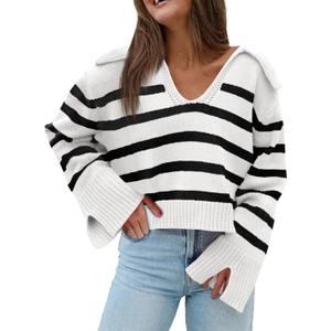 Saodimallsu Womens Striped Sweater V Neck Collared Fall Trendy Knitted Long Sleeve Loose Pullover Sweaters (Medium, White)