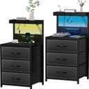 SZLHANJZ LED Nightstand Set of 2, Night Stand with 3 Drawers and Type C Charging Station, Storage End Table with Shelf and Hooks, Large Bedside Table for Dorm Bedroom, Black