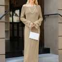 Wenrine Womens Fall Off The Shoulder Bodycon Sweater Dress 2025 Formal Long Sleeve Elegant Cocktail Party Maxi Dresses (Beige)