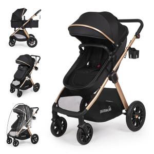 6-in-1 Convertible Baby Stroller with Bassinet Mode - Toddler Stroller w/Footmuff, Rain Cover, Cup Holder & Large Storage, Newborn w/All-Scene Large Wheels, Reversible Seat(Black)