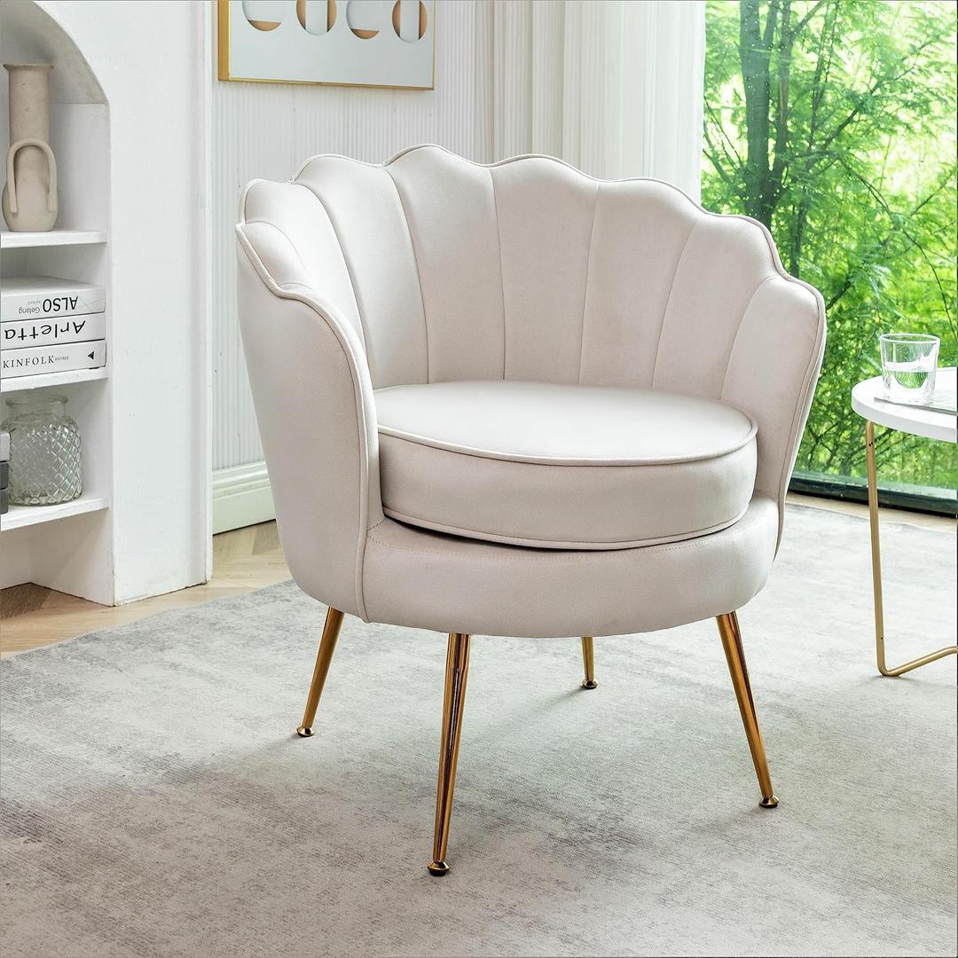 Container Furniture Direct Velvet Barrel Accent Chair with Scalloped Silhouette and Gold Metal Legs, Decorative Piece Suitable for Traditional, Modern, and Contemporary Spaces, Ivory