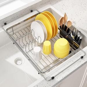 MAJALiS in Sink Dish Drying Rack, Expandable Over The Sink Dish Racks with Utensil Holder, Stainless Steel Dish Drainer, Colander, 14.1"-21.2" L x 11" W, Silver
