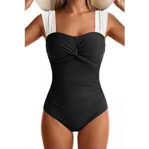 Womens One Piece Swimsuits Tummy Control Twist Front Bathing Suits Full Coverage Swimsuit Wide Straps Swimwear (Black, M)