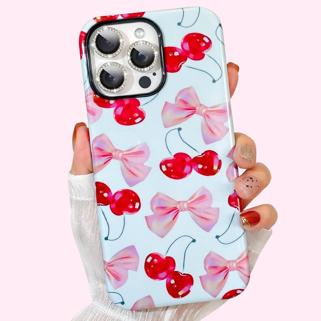 Case for iPhone 14 Pro Max Case,Cute Pink Ribbon Bow Cherry Pattern Phone Case with Shockproof Slim Soft TPU and Hard PC Protective Cover for Girls Women (Glossy)