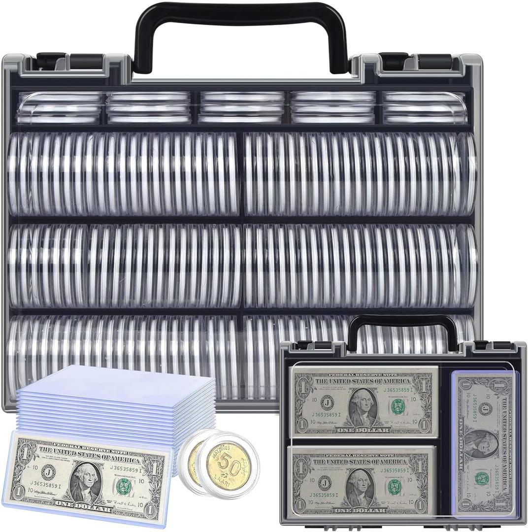 Coins Collector Case Holder Coin Capsules 46mm with 6 Sizes Foam Gasket (141 Pcs), Hard Paper Currency Sleeves (20 Pcs), Soft Dollar Bill Sleeves (200 Pcs) Storage Organizer Box (Black)