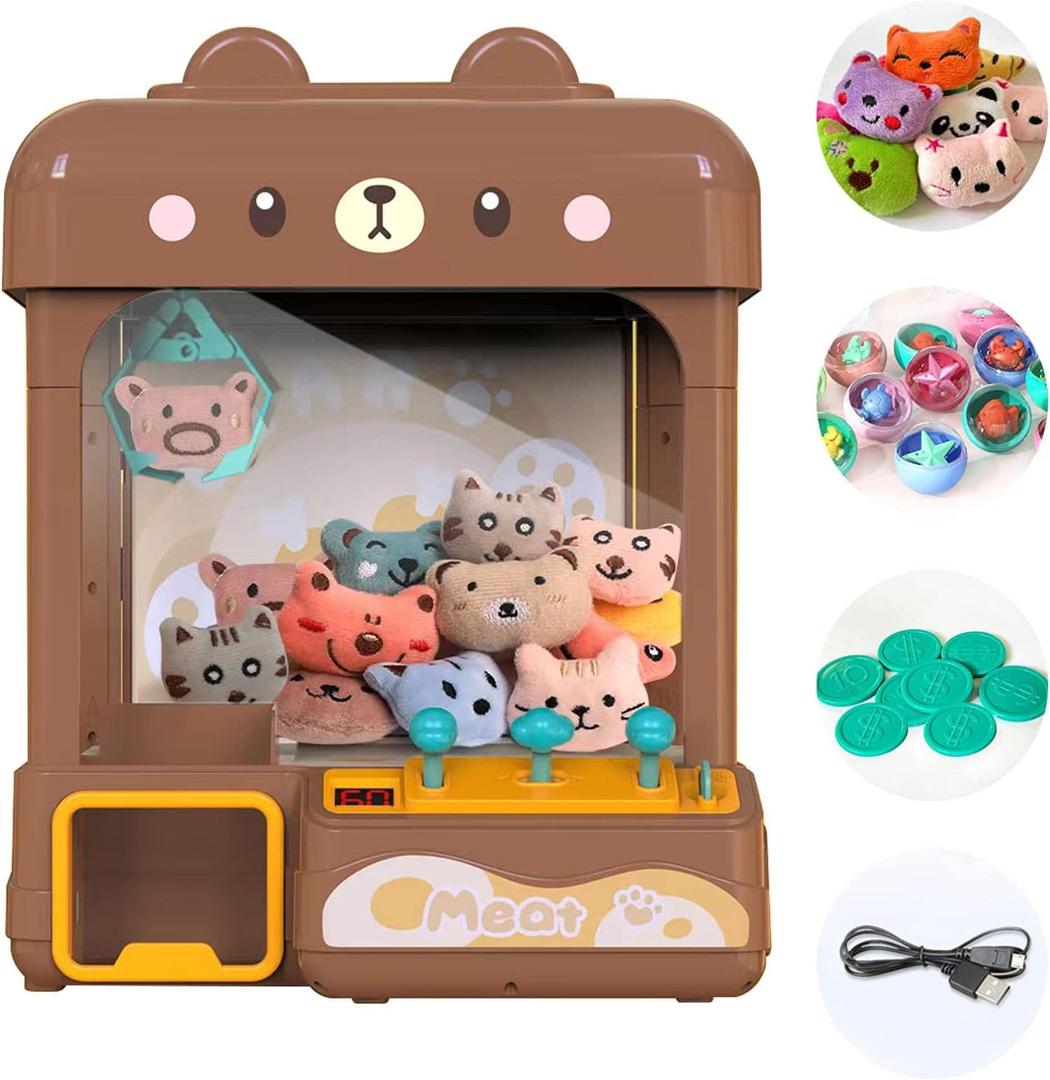Large Claw Machine for Kids Adults with Prizes, Adjustable Sound & Light, 2 Power Modes, Mini Candy Crane Vending Machines, Electronic Arcade Game Dispenser Toy for Girls Boys Gift - Bear
