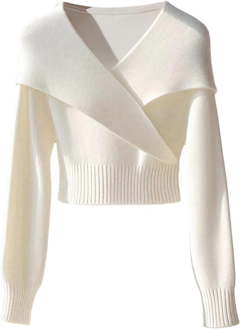 Women's Wrap Long Sleeve Crop Tops Dressy Casual Fold Over V Neck Knit Fall T Shirts (Medium)