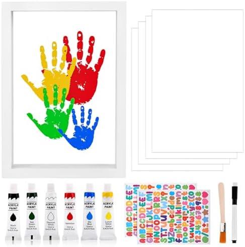 NOWHYX Family Handprint Kit, DIY Craft Keepsake Frame Baby Hand and Footprint Kit with 6 Paints, Unique Family Gifts for New Parents, Grandparents, Anniversary(COLOR:White)