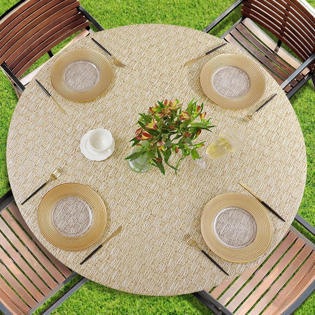 Romanstile Round Vinyl Tablecloth, 100% Waterproof Heavy Duty Elastic Fitted Table Covers for 45"- 56" Tables, Wipeable Flannel Backed Plastic Table Cloths for Picnic, Camping, Outdoor - Weave