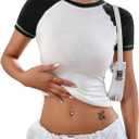 LilyCoco Women's Raglan Sleeve Tops Baby Crop Tees Color Block Crew Neck T Shirt, Size S, White